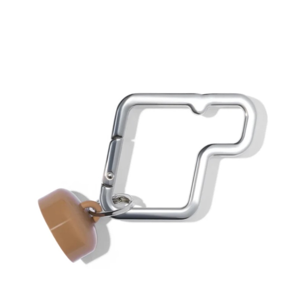 Silver Geometric Carabiner Keyring with Tan Charm